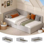 Lit de repos double Acekool avec tiroirs de rangement, cadre de lit d'angle tapissé de velours avec barrières, gris clair ou beige