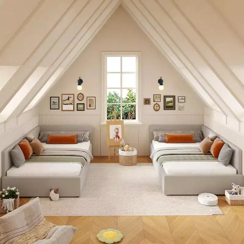 Lit de repos double Acekool avec tiroirs de rangement, cadre de lit d'angle tapissé de velours avec barrières, gris clair ou beige