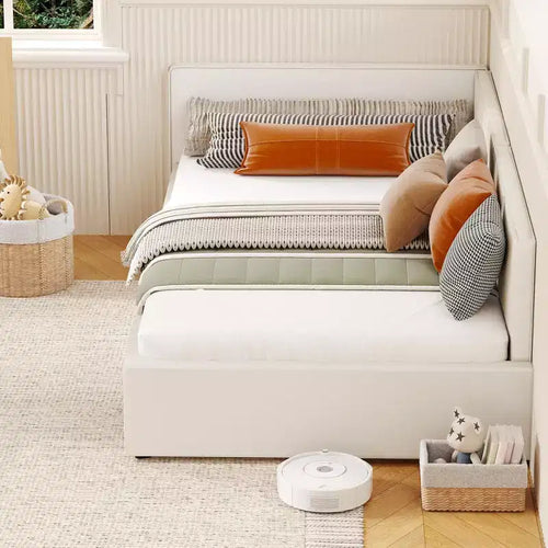 Lit de repos double Acekool avec tiroirs de rangement, cadre de lit d'angle tapissé de velours avec barrières, gris clair ou beige