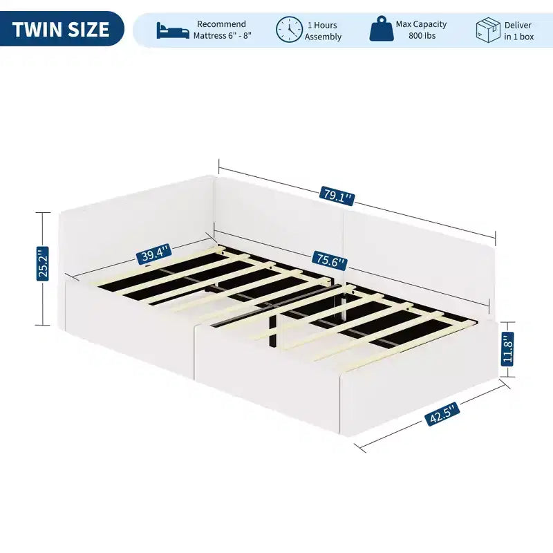 Lit de repos double Acekool avec tiroirs de rangement, cadre de lit d'angle tapissé de velours avec barrières, gris clair ou beige