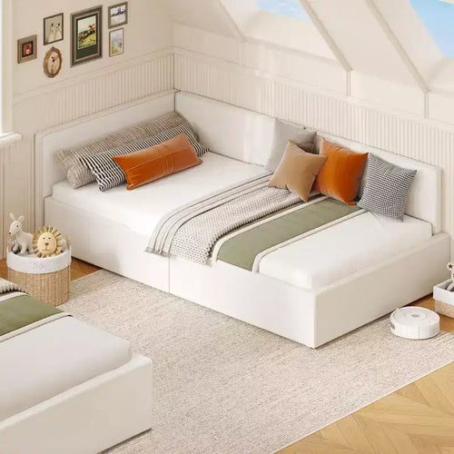 Acekool Twin Daybed with Storage Drawers, Velvet Upholstered Corner Bed Frame with Rails, Light Grey or Beige