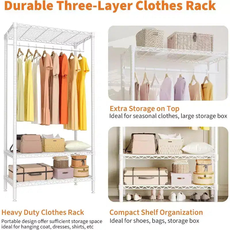 Portant à vêtements 3 niveaux avec étagères, Portants portables autoportants avec tringle à suspendre, Portant à vêtements réglable peu encombrant pour chambre à coucher
