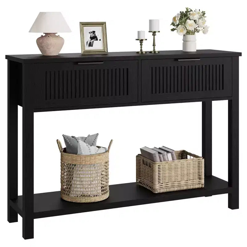 Coolmee 43,3 pouces Console de style ancien Table d'entrée vintage étroite en finition bois chaud avec 2 tiroirs pour salon et couloir - Noir
