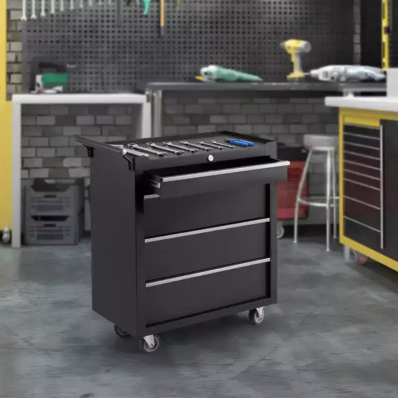 Boîte à outils, Servante d'atelier à 4 tiroirs avec système de verrouillage, roues verrouillables et tiroirs coulissants, pour garage, atelier, entrepôt, atelier de réparation (noir)