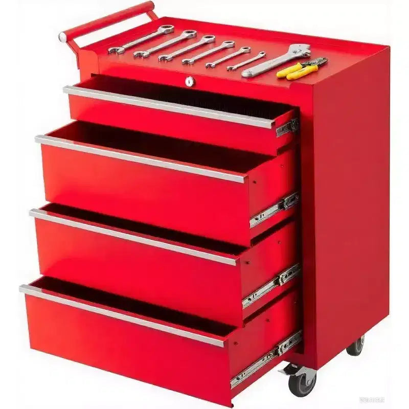 Boîte à outils, Servante d'atelier à 4 tiroirs avec système de verrouillage, roues verrouillables et tiroirs coulissants, pour garage, atelier, entrepôt, atelier de réparation (noir)