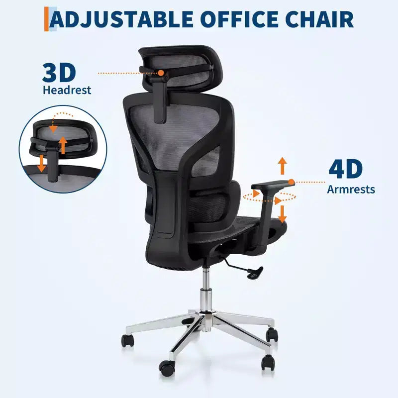 Chaise de bureau ergonomique en maille avec dossier haut, accoudoirs réglables 3D, roulettes souples, chaise d'ordinateur de bureau respirante pour de longues heures de travail, d'étude