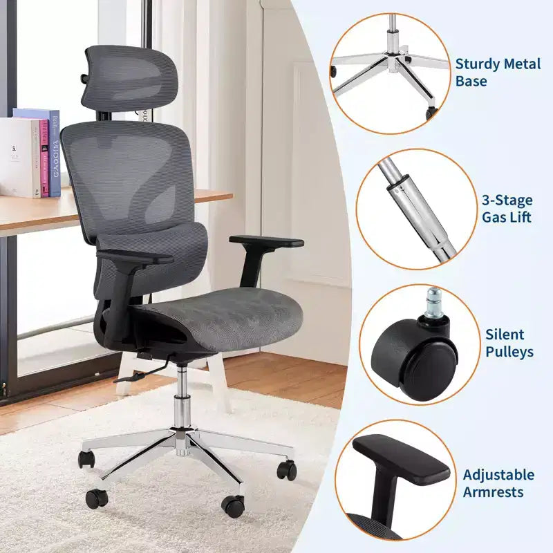 Chaise de bureau ergonomique en maille avec dossier haut, accoudoirs réglables 3D, roulettes souples, chaise d'ordinateur de bureau respirante pour de longues heures de travail, d'étude