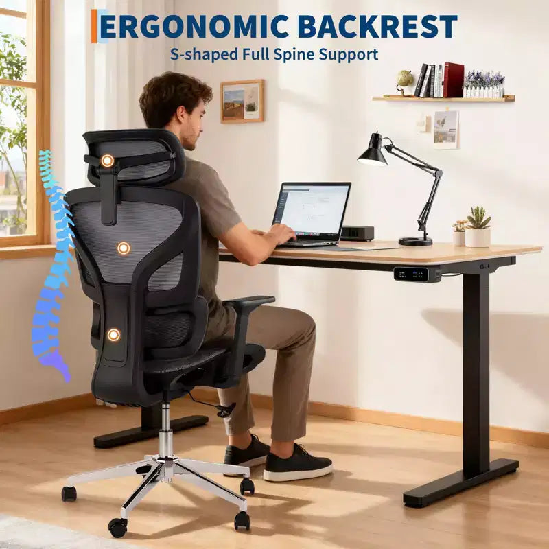 Chaise de bureau ergonomique en maille avec dossier haut, accoudoirs réglables 3D, roulettes souples, chaise d'ordinateur de bureau respirante pour de longues heures de travail, d'étude