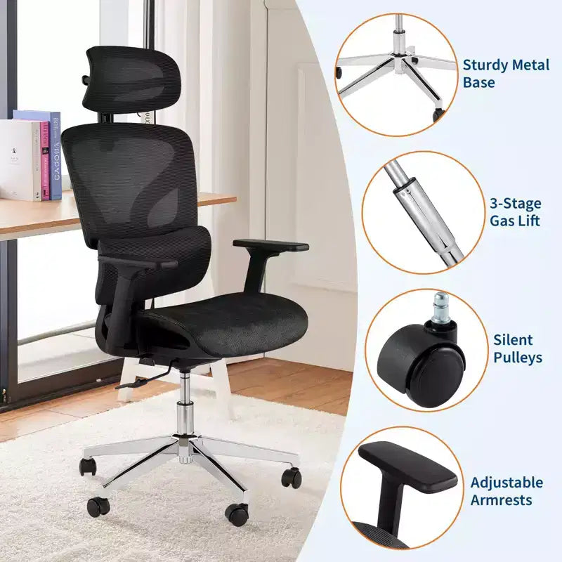Chaise de bureau ergonomique en maille avec dossier haut, accoudoirs réglables 3D, roulettes souples, chaise d'ordinateur de bureau respirante pour de longues heures de travail, d'étude