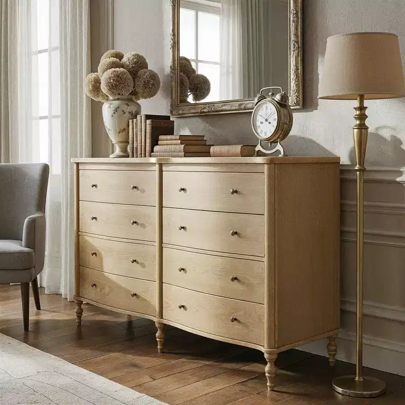 Commode vintage Homsee noire/chêne clair à façade incurvée avec 8 tiroirs, commode de chambre de luxe avec boutons en bronze, table de toilette