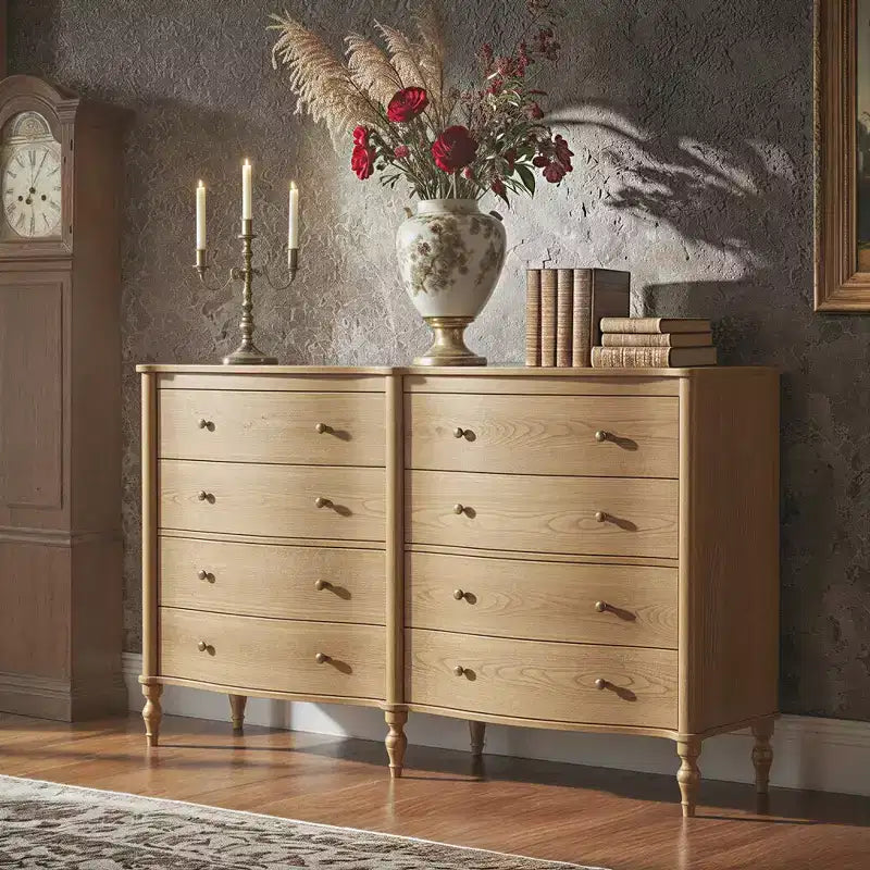 Commode vintage Homsee noire/chêne clair à façade incurvée avec 8 tiroirs, commode de chambre de luxe avec boutons en bronze, table de toilette