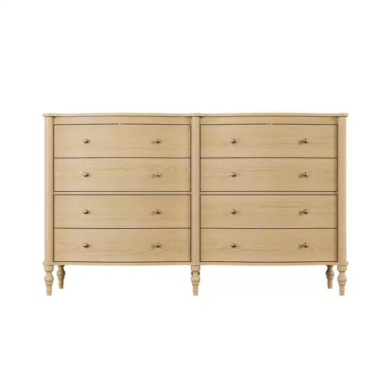Commode vintage Homsee noire/chêne clair à façade incurvée avec 8 tiroirs, commode de chambre de luxe avec boutons en bronze, table de toilette