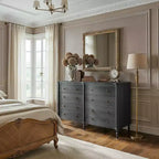 Commode vintage Homsee noire/chêne clair à façade incurvée avec 8 tiroirs, commode de chambre de luxe avec boutons en bronze, table de toilette
