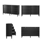 Commode vintage Homsee noire/chêne clair à façade incurvée avec 8 tiroirs, commode de chambre de luxe avec boutons en bronze, table de toilette