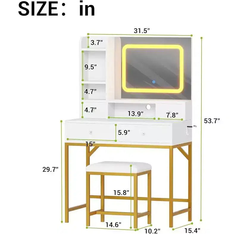 Coiffeuse avec miroir, table de maquillage moderne et tabouret avec station de recharge, 4 tiroirs et 2 étagères ouvertes