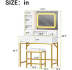Coiffeuse avec miroir, table de maquillage moderne et tabouret avec station de recharge, 4 tiroirs et 2 étagères ouvertes