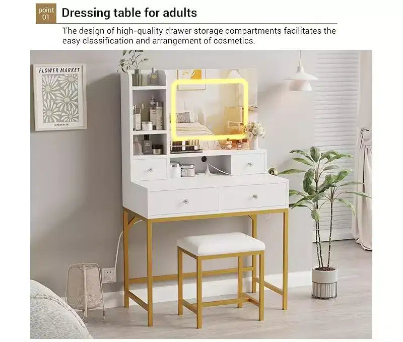 Coiffeuse avec miroir, table de maquillage moderne et tabouret avec station de recharge, 4 tiroirs et 2 étagères ouvertes