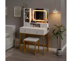 Coiffeuse avec miroir, table de maquillage moderne et tabouret avec station de recharge, 4 tiroirs et 2 étagères ouvertes