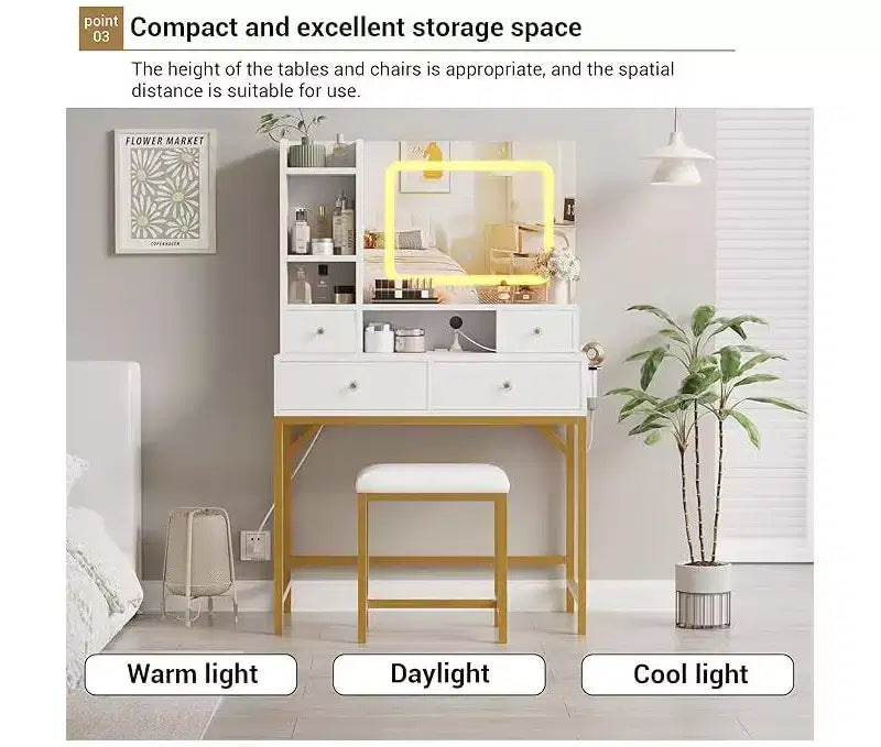 Coiffeuse avec miroir, table de maquillage moderne et tabouret avec station de recharge, 4 tiroirs et 2 étagères ouvertes