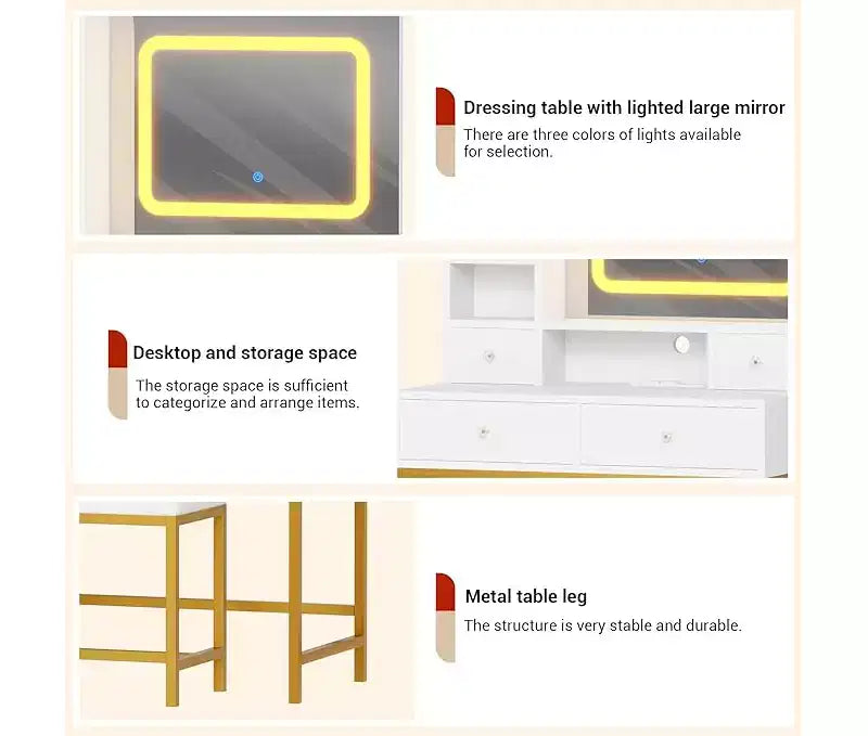 Coiffeuse avec miroir, table de maquillage moderne et tabouret avec station de recharge, 4 tiroirs et 2 étagères ouvertes