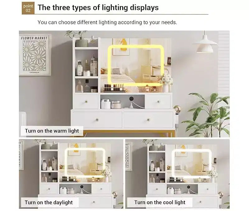 Coiffeuse avec miroir, table de maquillage moderne et tabouret avec station de recharge, 4 tiroirs et 2 étagères ouvertes