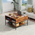 31.5in Square Flip-Top Coffee Table with Hidden Compartment & Black Metal for Living Room, Lift-Top Design End Table, Easy Assembly, Dark Walnut