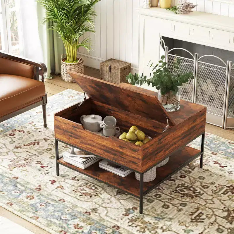 Table basse carrée à plateau relevable de 80 cm avec compartiment caché et métal noir pour salon, table d'appoint à plateau relevable, montage facile, noyer foncé