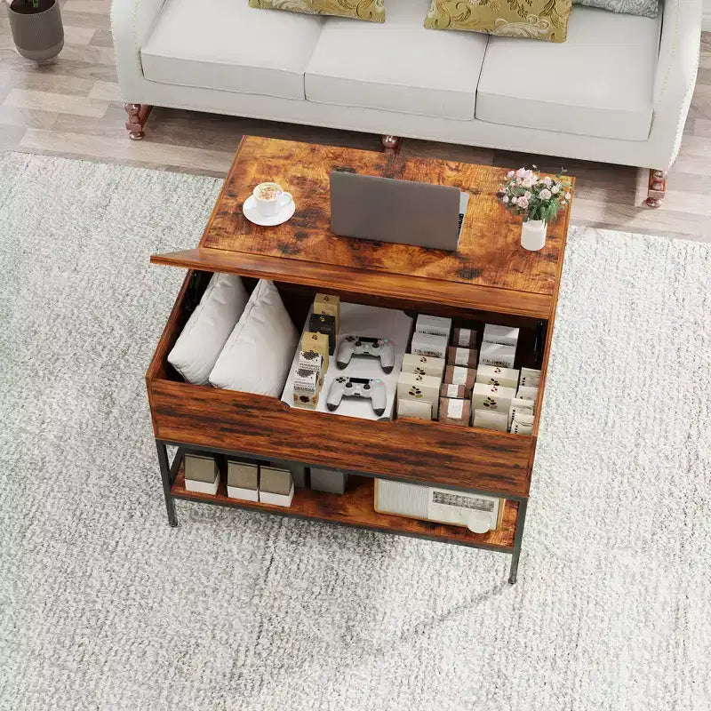 Table basse carrée à plateau relevable de 80 cm avec compartiment caché et métal noir pour salon, table d'appoint à plateau relevable, montage facile, noyer foncé