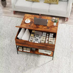 Table basse carrée à plateau relevable de 80 cm avec compartiment caché et métal noir pour salon, table d'appoint à plateau relevable, montage facile, noyer foncé
