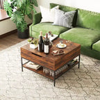 Table basse carrée à plateau relevable de 80 cm avec compartiment caché et métal noir pour salon, table d'appoint à plateau relevable, montage facile, noyer foncé