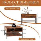 Table basse carrée à plateau relevable de 80 cm avec compartiment caché et métal noir pour salon, table d'appoint à plateau relevable, montage facile, noyer foncé