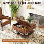 Table basse carrée à plateau relevable de 80 cm avec compartiment caché et métal noir pour salon, table d'appoint à plateau relevable, montage facile, noyer foncé
