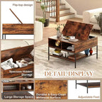 Table basse carrée à plateau relevable de 80 cm avec compartiment caché et métal noir pour salon, table d'appoint à plateau relevable, montage facile, noyer foncé