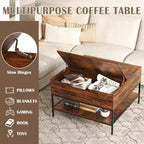 Table basse carrée à plateau relevable de 80 cm avec compartiment caché et métal noir pour salon, table d'appoint à plateau relevable, montage facile, noyer foncé