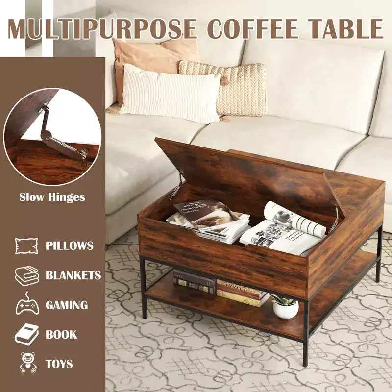 Table basse carrée à plateau relevable de 80 cm avec compartiment caché et métal noir pour salon, table d'appoint à plateau relevable, montage facile, noyer foncé