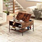 Table basse carrée à plateau relevable de 80 cm avec compartiment caché et métal noir pour salon, table d'appoint à plateau relevable, montage facile, noyer foncé