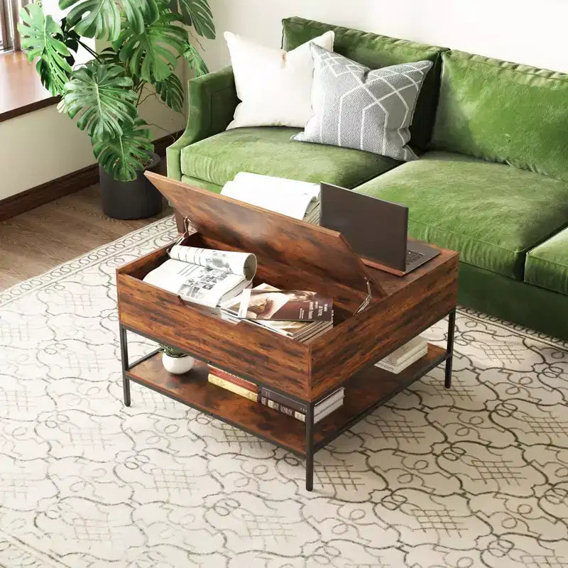 Table basse carrée à plateau relevable de 80 cm avec compartiment caché et métal noir pour salon, table d'appoint à plateau relevable, montage facile, noyer foncé