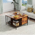 Table basse de salon relevable avec compartiment caché et 3 étagères, hauteur réglable, table basse multifonctionnelle, capacité de 50 kg