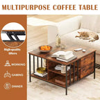 Table basse de salon relevable avec compartiment caché et 3 étagères, hauteur réglable, table basse multifonctionnelle, capacité de 50 kg