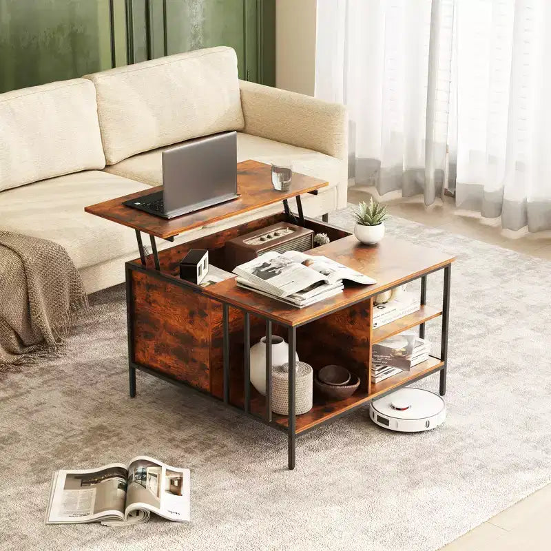 Table basse de salon relevable avec compartiment caché et 3 étagères, hauteur réglable, table basse multifonctionnelle, capacité de 50 kg