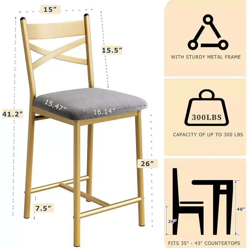 Tabourets de bar à hauteur de comptoir avec repose-pieds et dossier, chaises de bar modernes rembourrées, tabourets de bar en métal pour comptoir de cuisine, îlot, bar de comptoir