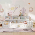 Twin Floor Bed with Bedside Bookcase,Shelves,Guardrails,White
