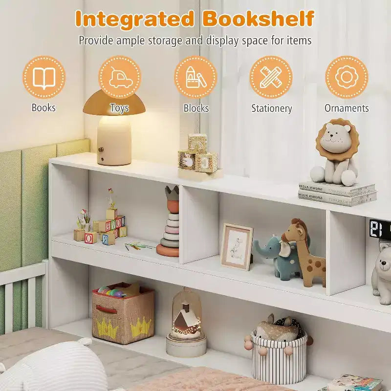 Lit double superposé avec bibliothèque, étagères et barrières de sécurité, blanc