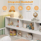 Lit double superposé avec bibliothèque, étagères et barrières de sécurité, blanc