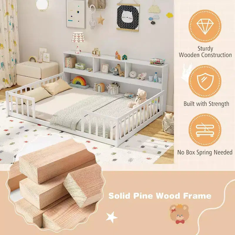 Lit double superposé avec bibliothèque, étagères et barrières de sécurité, blanc