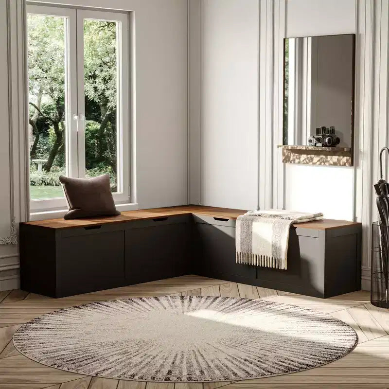 Banc d'angle en L noir Famapy avec rangement, organisateur de chaussures et d'articles à rabat pour entrée ou pièce