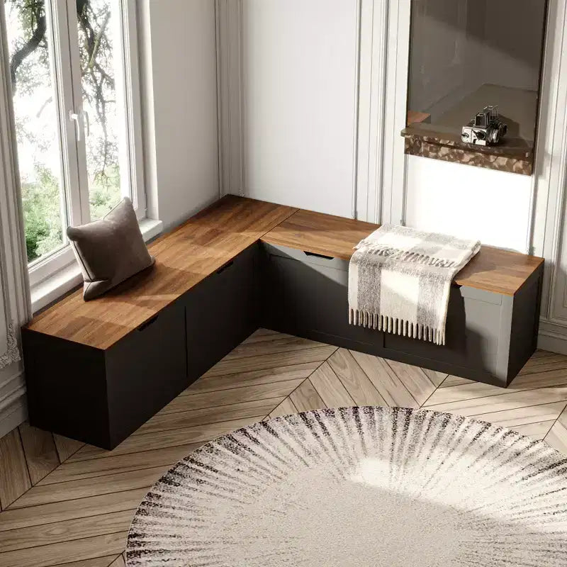 Banc d'angle en L noir Famapy avec rangement, organisateur de chaussures et d'articles à rabat pour entrée ou pièce
