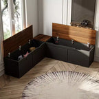 Banc d'angle en L noir Famapy avec rangement, organisateur de chaussures et d'articles à rabat pour entrée ou pièce