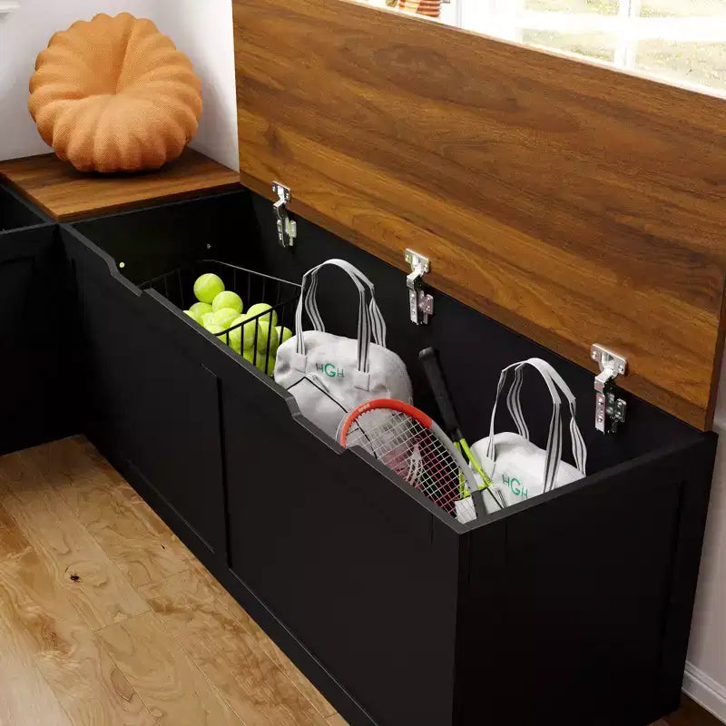 Banc d'angle en L noir Famapy avec rangement, organisateur de chaussures et d'articles à rabat pour entrée ou pièce