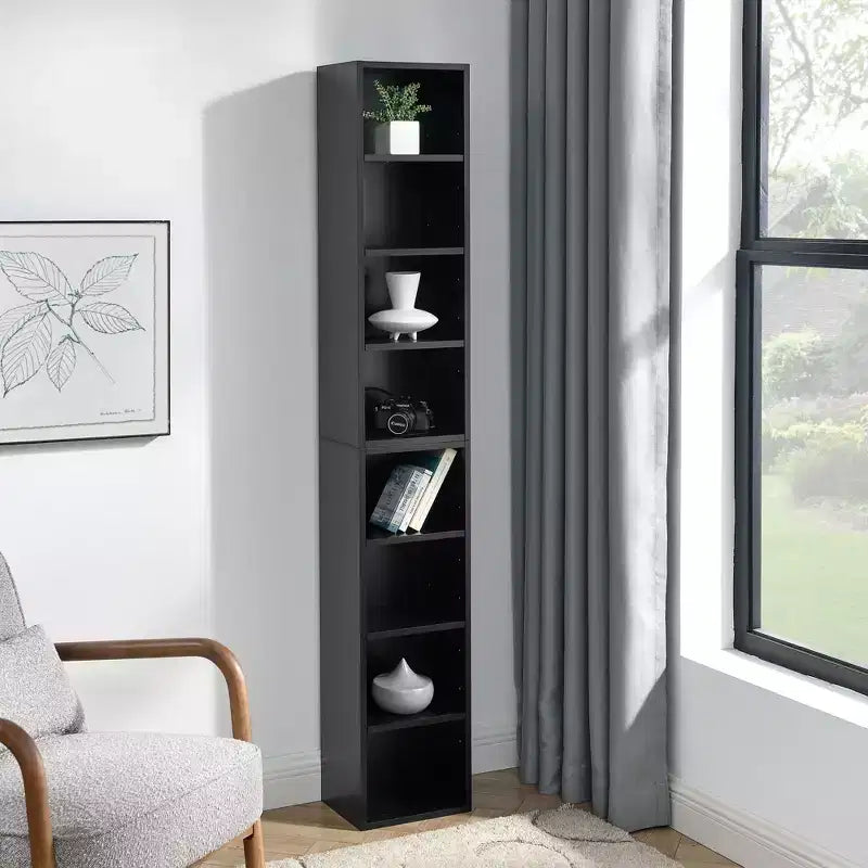Tour de rangement multimédia à 8 niveaux, meuble de rangement CD DVD fin avec étagères réglables, bibliothèque étroite et haute pour la maison et le bureau